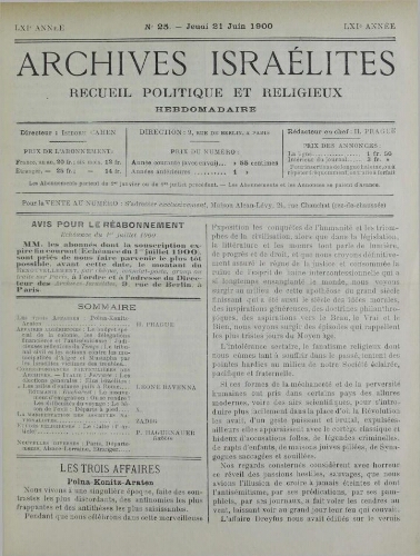 Archives israélites de France. Vol.61 N°25 (21 juin 1900)